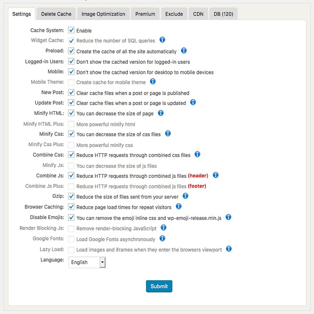 Screenshot der WP Fastest Cache-Einstellungen - Visitor Analytics Blog